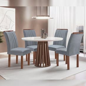Conjunto Mesa Tampo Redondo Plus Vidro Kansas 100cm 4 Cadeiras Arizona Chocolate/Off White/Suede Cinza