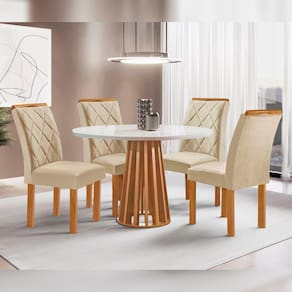 Conjunto Mesa Tampo Redondo Plus Vidro Kansas 100cm 4 Cadeiras Arthus Cinamomo/Off White/Suede Cru