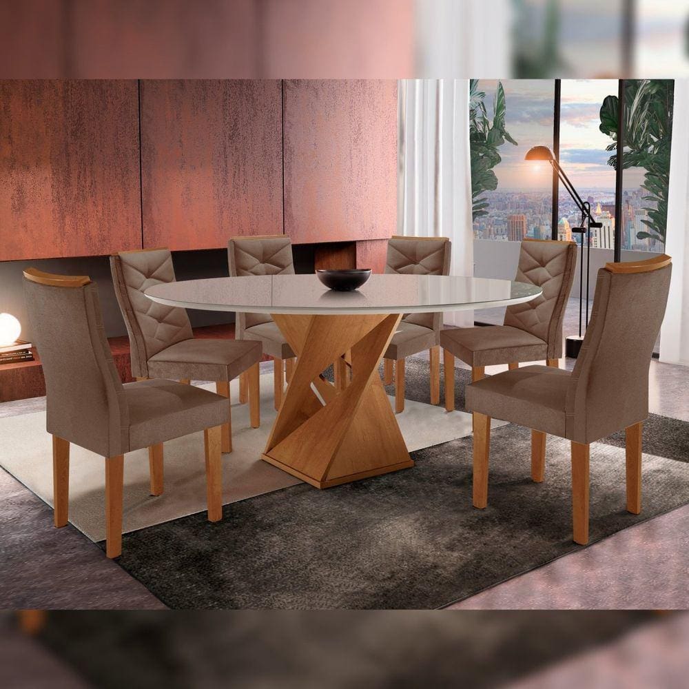 Mesa Tampo Redondo Plus Vidro 120cmx120cm 6 Cadeiras Barcelona Cinamomo/Off White/Suede Animale