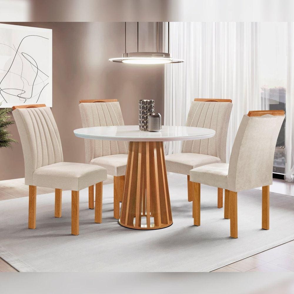 Conjunto Mesa Tampo Redondo Plus Vidro Kansas 100cm 4 Cadeiras Arizona Cinamomo/Off White/Suede Bege