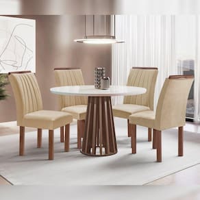 Conjunto Mesa Tampo Redondo Plus Vidro Kansas 100cm 4 Cadeiras Arizona Chocolate/Off White/Suede Cru