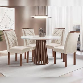 Conjunto Mesa Tampo Redondo Plus Vidro Kansas 100cm 4 Cadeiras Arthus Chocolate/Off White/Suede Bege