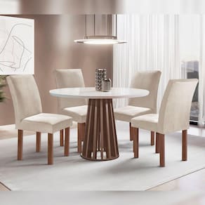 Conjunto Mesa Tampo Redondo Pluis Vidro Kansas 100cm 4 Cadeiras Canela Chocolate/Off White/Suede Bege