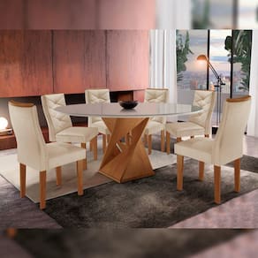 Mesa Tampo Redondo Plus Vidro 120cmx120cm 6 Cadeiras Barcelona Cinamomo/Off White/Suede Pena