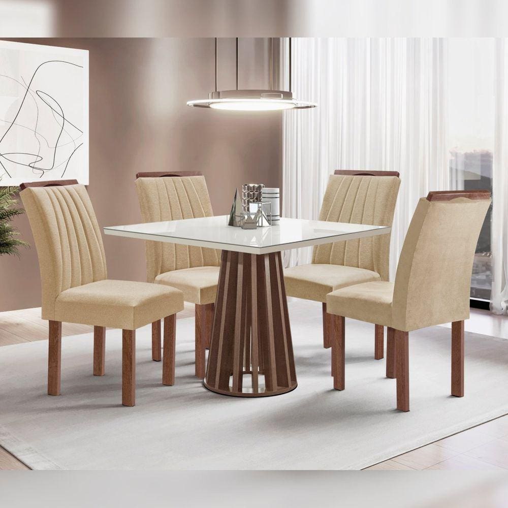 Conjunto Mesa Tampo Slim Plus Vidro Kansas 100cm 4 Cadeiras Arizona Chocolate/Off White/Suede Cru