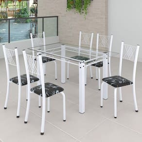 Conjunto de Jantar Mesa 140x75cm Tampo de Vidro Incolor com 6 Cadeiras Sara Yescasa Preto Floral/Branco