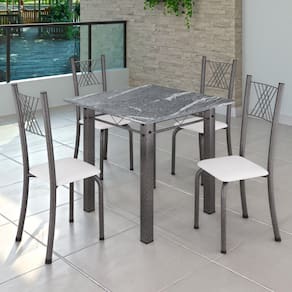 Conjunto de Jantar Mesa 70x70cm Tampo de Granito Topázio com 4 Cadeiras Sara Yescasa Branco Liso/Mart Prata