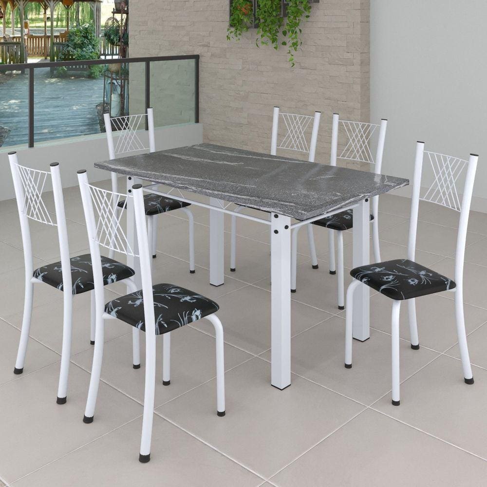 Conjunto de Jantar Mesa 140x75cm Tampo de Granito Topázio com 6 Cadeiras Sara Yescasa Preto Floral/Branco