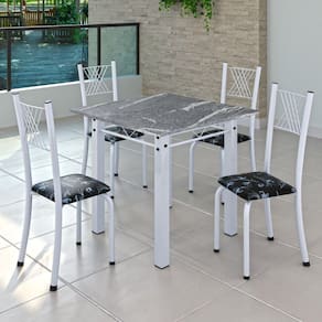 Conjunto de Jantar Mesa 70x70cm Tampo de Granito Topázio com 4 Cadeiras Sara Yescasa Preto Floral/Branco