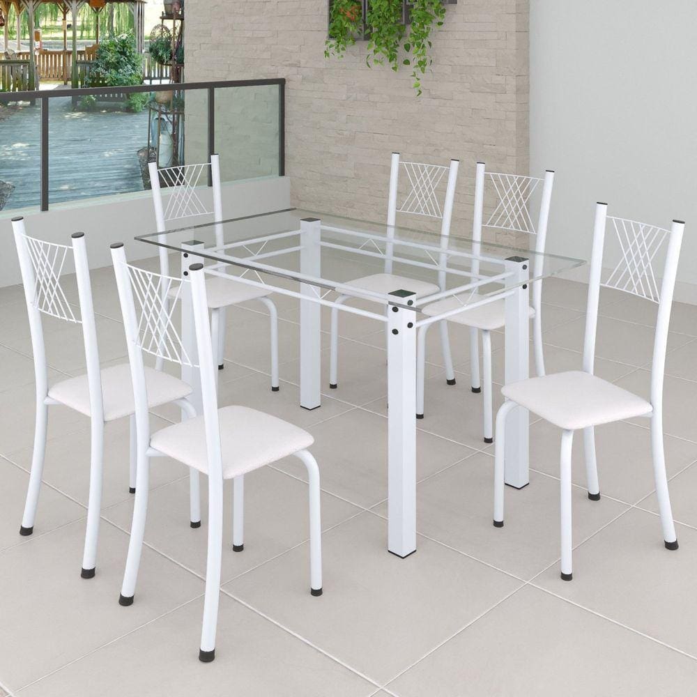 Conjunto de Jantar Mesa 140x75cm Tampo de Vidro Incolor com 6 Cadeiras Sara Yescasa Branco Liso/Branco