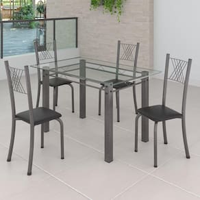 Conjunto de Jantar Mesa 120x75cm Tampo de Vidro Incolor com 4 Cadeiras Sara Yescasa Preto Liso/Mart Prata