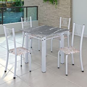 Conjunto de Jantar Mesa 70x70cm Tampo de Granito Topázio com 4 Cadeiras Sara Yescasa Botanic Bege/Branco