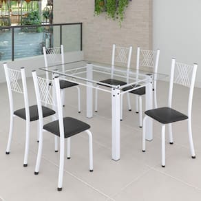Conjunto de Jantar Mesa 140x75cm Tampo de Vidro Incolor com 6 Cadeiras Sara Yescasa Preto Liso/Branco
