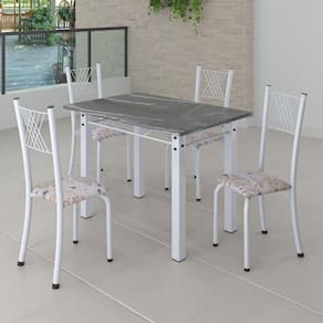 Conjunto de Jantar Mesa 100x60cm Tampo de Granito Topázio com 4 Cadeiras Sara Yescasa Botanic Bege/Branco
