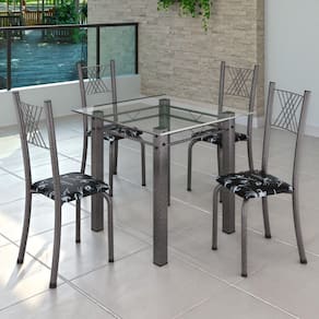 Conjunto de Jantar Mesa 75x75cm Tampo de Vidro Incolor com 4 Cadeiras Sara Yescasa Preto Floral/Mart Prata