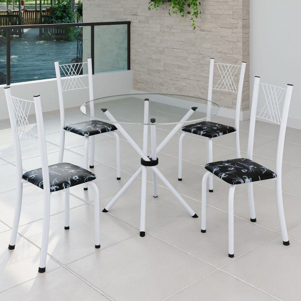 Conjunto de Jantar Mesa Tampo Redondo de Vidro Incolor com 4 Cadeiras Sara Yescasa Preto Floral/Branco