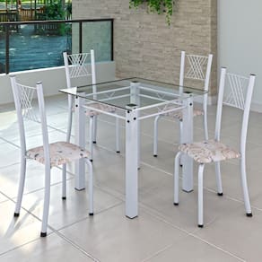 Conjunto de Jantar Mesa 75x75cm Tampo de Vidro Incolor com 4 Cadeiras Sara Yescasa Botanic Bege/Branco