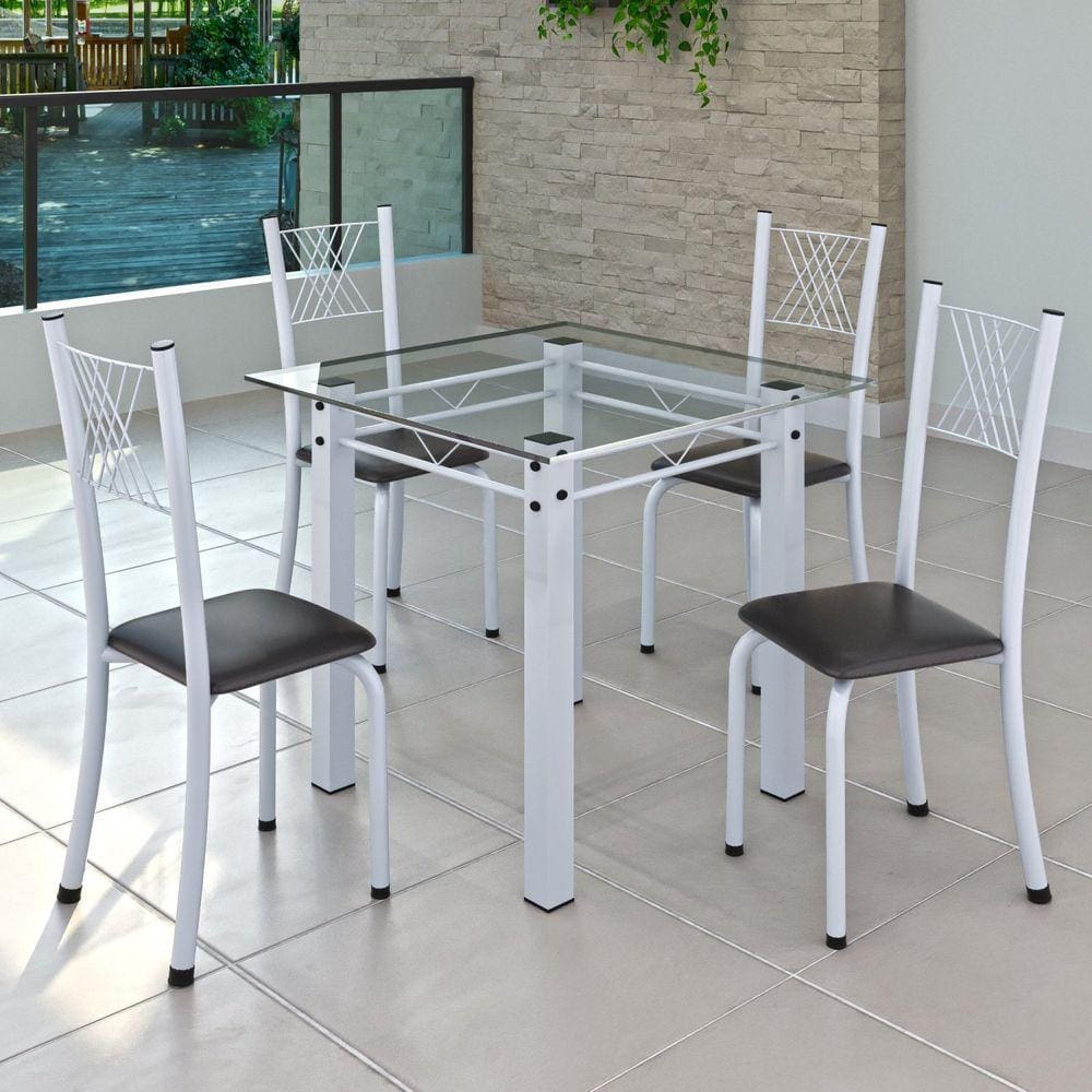 Conjunto de Jantar Mesa 75x75cm Tampo de Vidro Incolor com 4 Cadeiras Sara Yescasa Preto Liso/Branco
