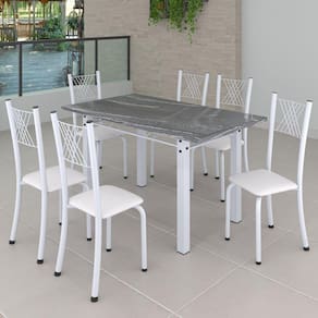Conjunto de Jantar Mesa 140x75cm Tampo de Granito Topázio com 6 Cadeiras Sara Yescasa Branco Liso/Branco