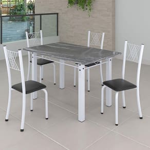 Conjunto de Jantar Mesa 120x75cm Tampo de Granito Topázio com 4 Cadeiras Sara Yescasa Preto Liso/Branco