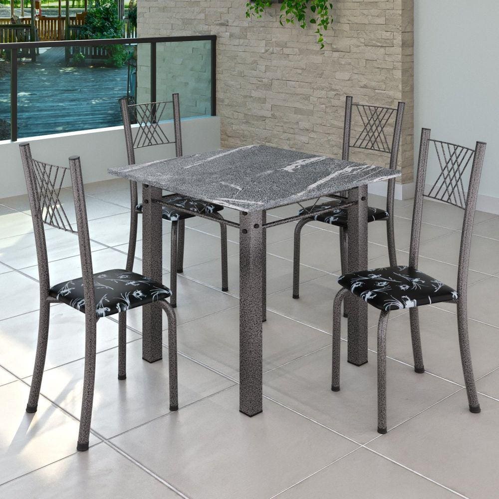 Conjunto de Jantar Mesa 70x70cm Tampo de Granito Topázio com 4 Cadeiras Sara Yescasa Preto Floral/Mart Prata