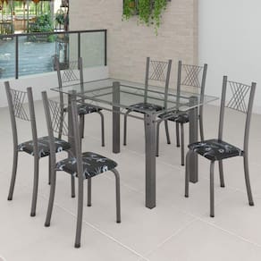 Conjunto de Jantar Mesa 140x75cm Tampo de Vidro Incolor com 6 Cadeiras Sara Yescasa Preto Floral/Mart Prata
