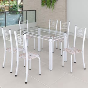 Conjunto de Jantar Mesa 140x75cm Tampo de Vidro Incolor com 6 Cadeiras Sara Yescasa Botanic Bege/Branco