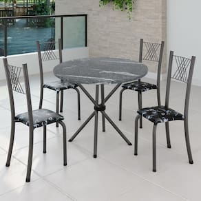 Conjunto de Jantar Mesa Tampo Redondo de Granito Topázio com 4 Cadeiras Sara Yescasa Preto Floral/Mart Prata