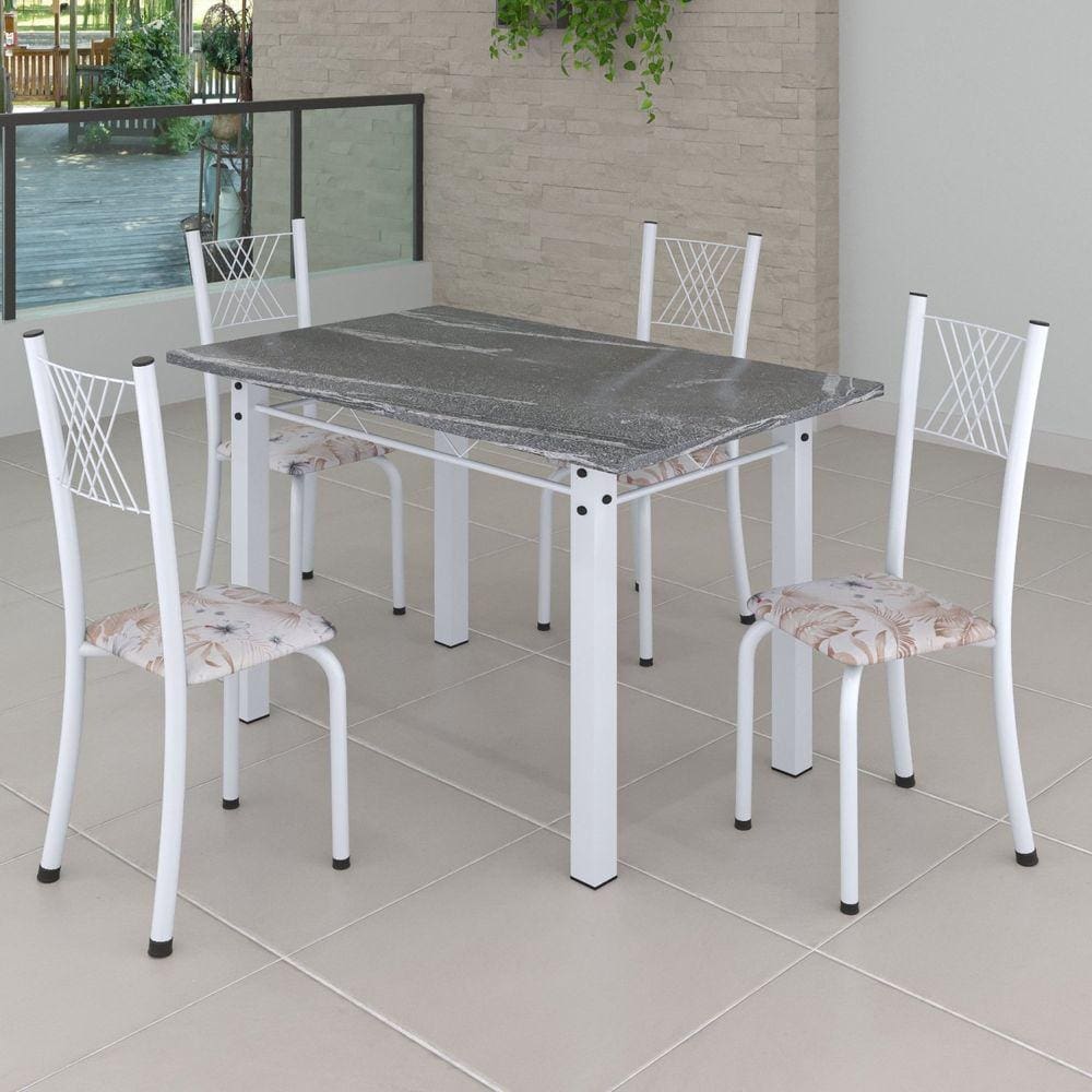 Conjunto de Jantar Mesa 120x75cm Tampo de Granito Topázio com 4 Cadeiras Sara Yescasa Botanic Bege/Branco