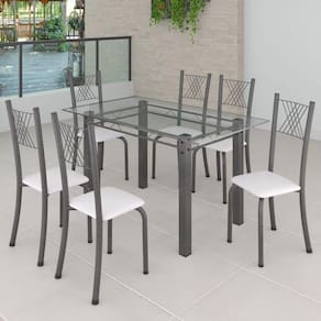 Conjunto de Jantar Mesa 140x75cm Tampo de Vidro Incolor com 6 Cadeiras Sara Yescasa Branco Liso/Mart Prata