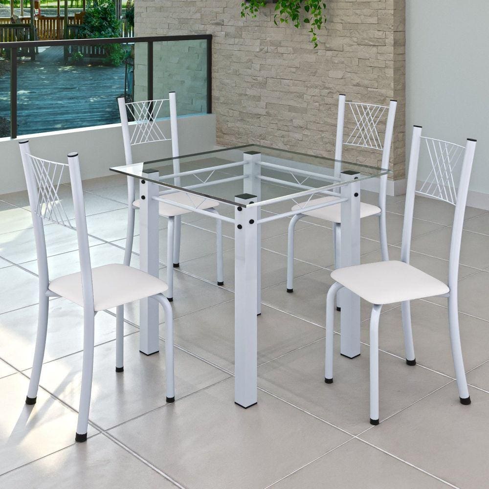 Conjunto de Jantar Mesa 75x75cm Tampo de Vidro Incolor com 4 Cadeiras Sara Yescasa Branco Liso/Branco