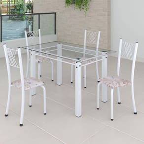Conjunto de Jantar Mesa 120x75cm Tampo de Vidro Incolor com 4 Cadeiras Sara Yescasa Botanic Bege/Branco