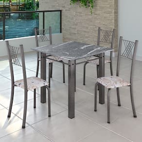 Conjunto de Jantar Mesa 70x70cm Tampo de Granito Topázio com 4 Cadeiras Sara Yescasa Botanic Bege/Mart Prata