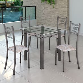 Conjunto de Jantar Mesa 75x75cm Tampo de Vidro Incolor com 4 Cadeiras Sara Yescasa Botanic Bege/Mart Prata
