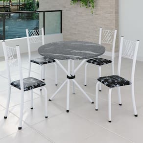 Conjunto de Jantar Mesa Tampo Redondo de Granito Topázio com 4 Cadeiras Sara Yescasa Preto Floral/Branco