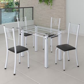 Conjunto de Jantar Mesa 100x60cm Tampo de Vidro Incolor com 4 Cadeiras Sara Yescasa Preto Liso/Branco