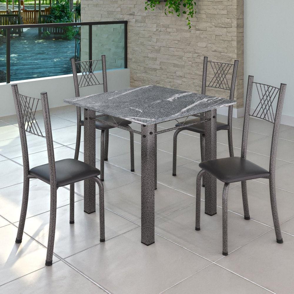 Conjunto de Jantar Mesa 70x70cm Tampo de Granito Topázio com 4 Cadeiras Sara Yescasa Preto Liso/Mart Prata
