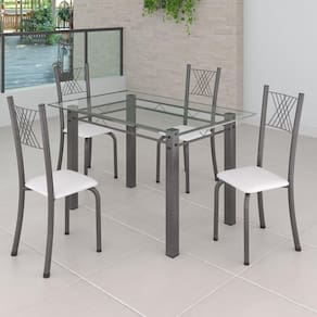 Conjunto de Jantar Mesa 120x75cm Tampo de Vidro Incolor com 4 Cadeiras Sara Yescasa Branco Liso/Mart Prata