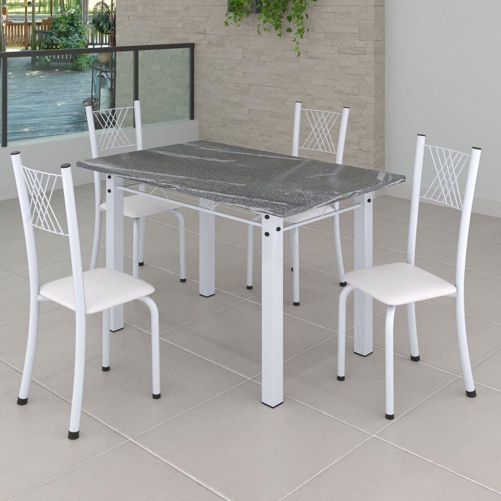 Conjunto de Jantar Mesa 120x75cm Tampo de Granito Topázio com 4 Cadeiras Sara Yescasa Branco Liso/Branco