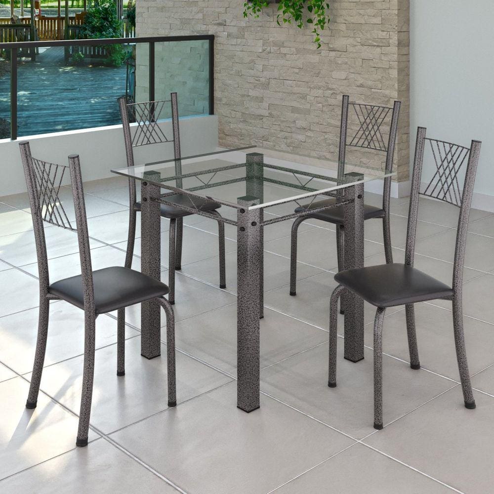 Conjunto de Jantar Mesa 75x75cm Tampo de Vidro Incolor com 4 Cadeiras Sara Yescasa Preto Liso/Mart Prata