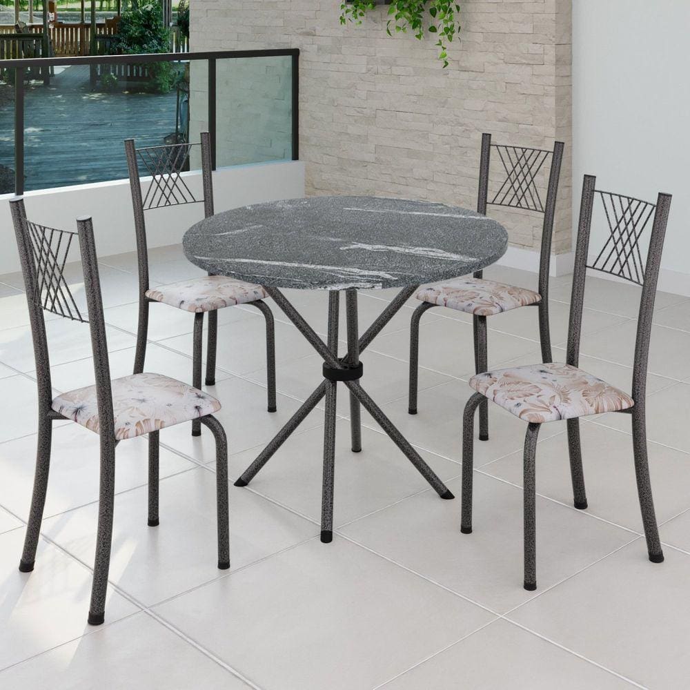 Conjunto de Jantar Mesa Tampo Redondo de Granito Topázio com 4 Cadeiras Sara Yescasa Botanic Bege/Mart Prata