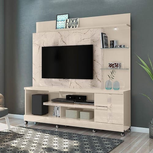 imagem-Estante Alan para TV de até 55 polegadas COM RODÍZIO - CALACATA / OFF WHITE - Madetec