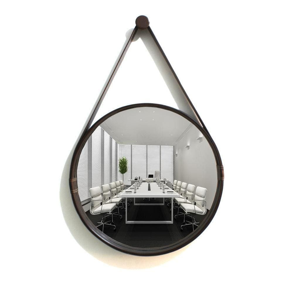 Espelho Redondo Decorativo Moldura Alça De Couro 60Cm Café
