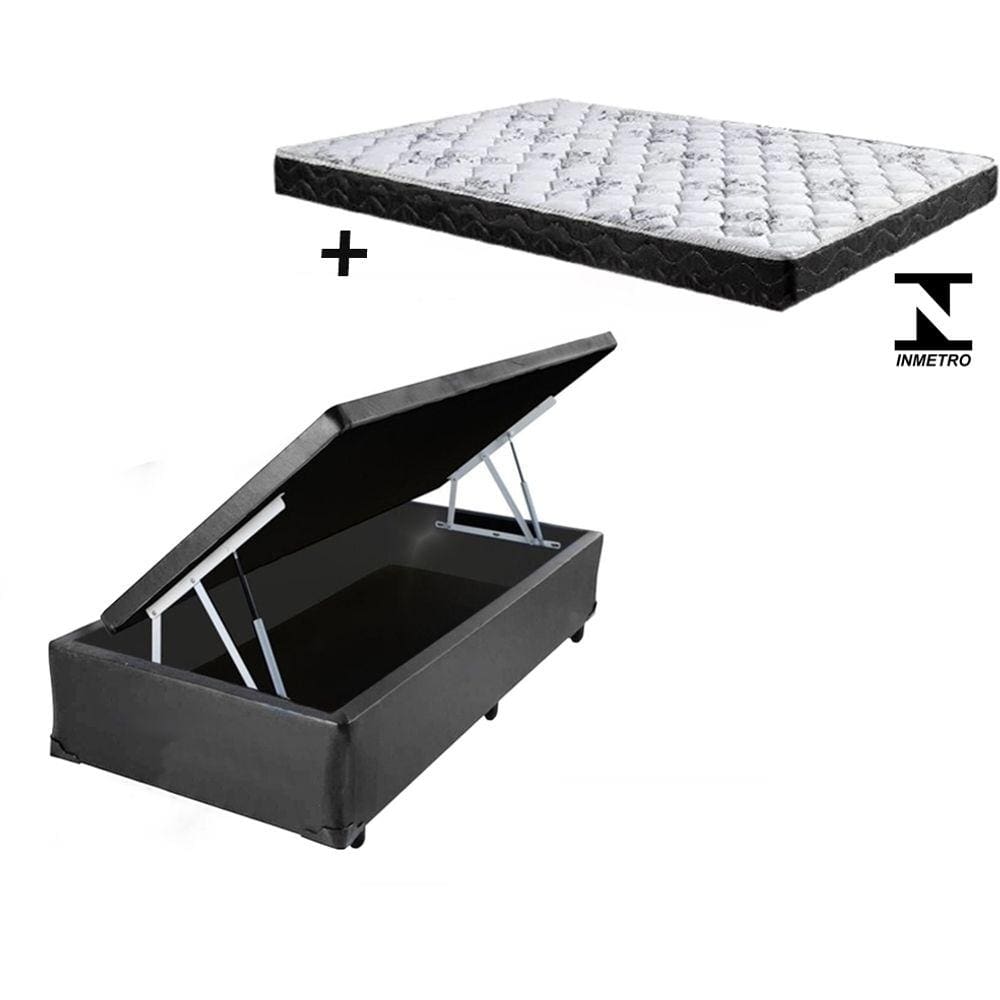 Cama Box Baú Solteiro Conforto Sintético Cinza + Colchão Solteiro Conforto Espuma D23 14x88x188
