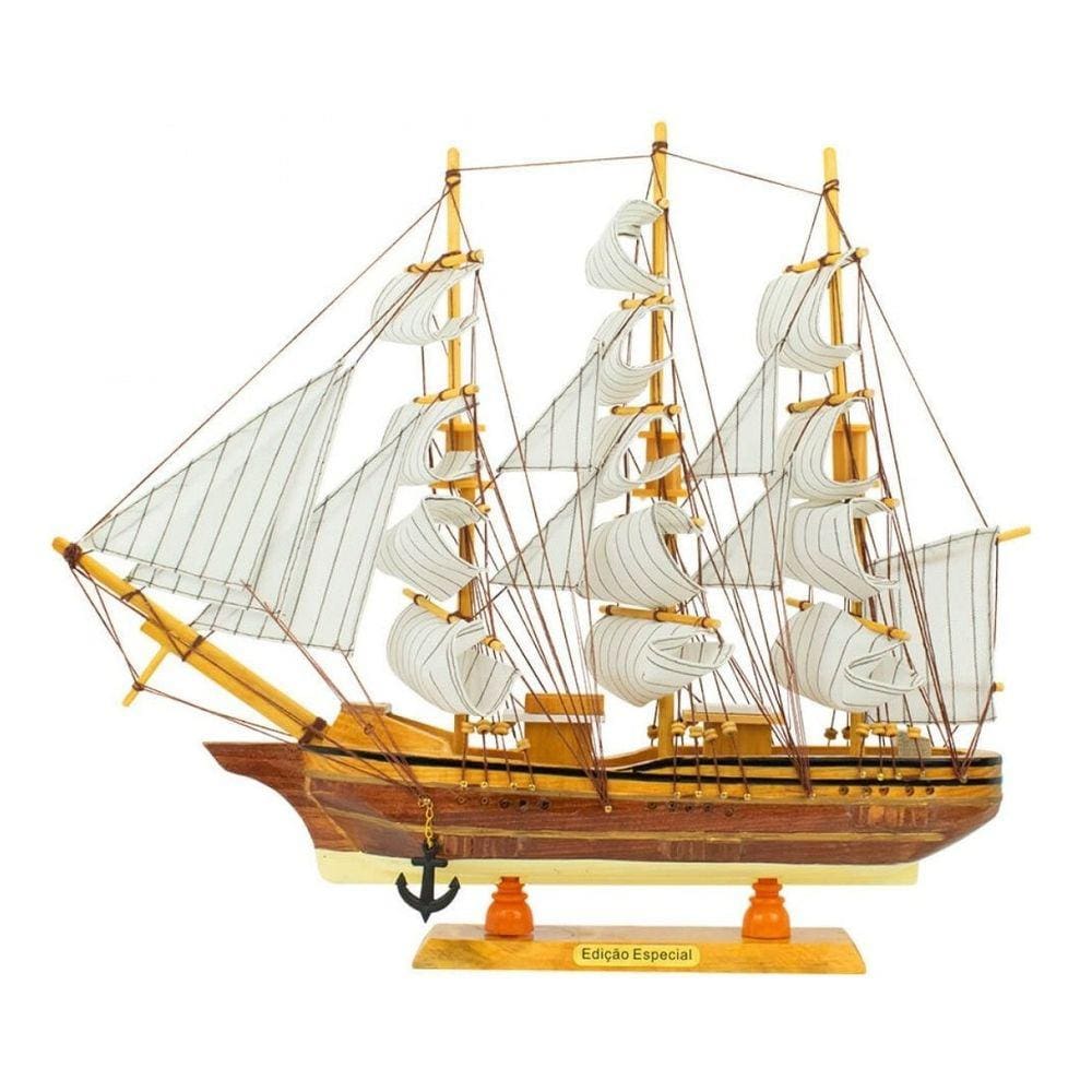 Miniatura Enfeite Barco Navio Veleiro Madeira Base Bege 43cm