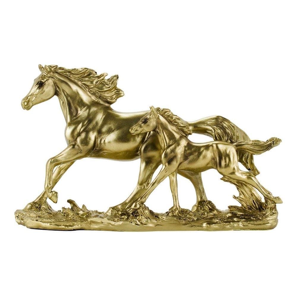Enfeite Rack Estante Sala Cavalos Mãe Filhote Dourados 26cm