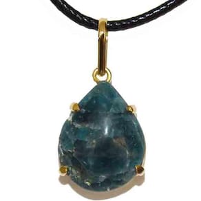 Colar Gota Lisa Pedra Apatita Azul Natural Garra Dourado
