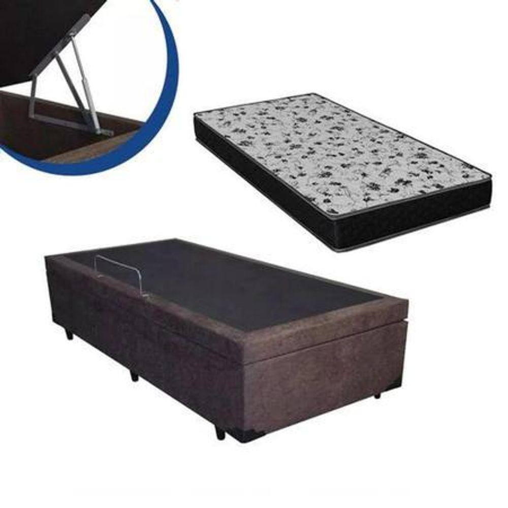 Cama Box Baú Solteiro Conforto Suede Marrom + Colchão Solteiro Conforto Espuma D33 Com EPS 20x88x188