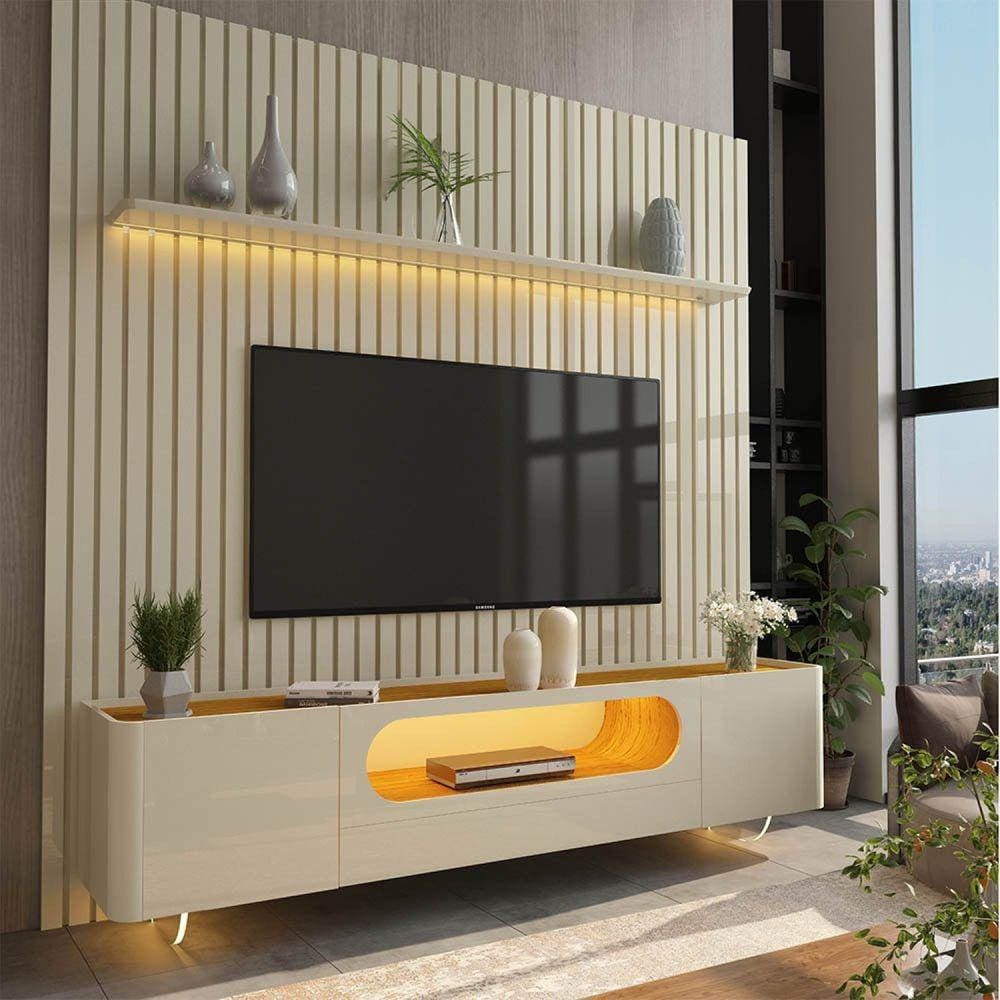 Rack com Painel Ripado para TV até 85 Polegadas 1 Gaveta 2 Portas 230cm Nobre Off White/Marromle
