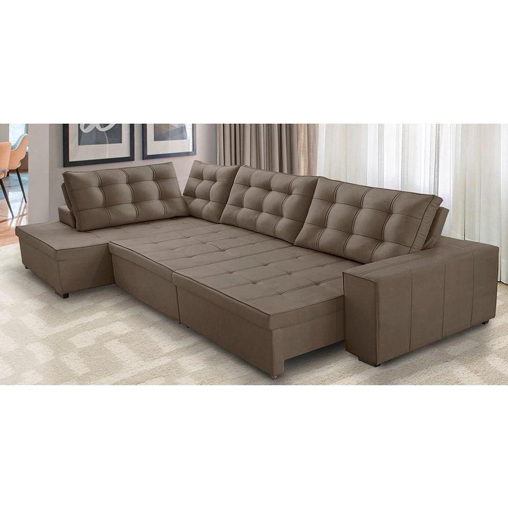 Sofá de Canto Retrátil e Reclinável com Molas 3,40x2,00 Esq Jacke Suede Cappuccino Adonai Estofados